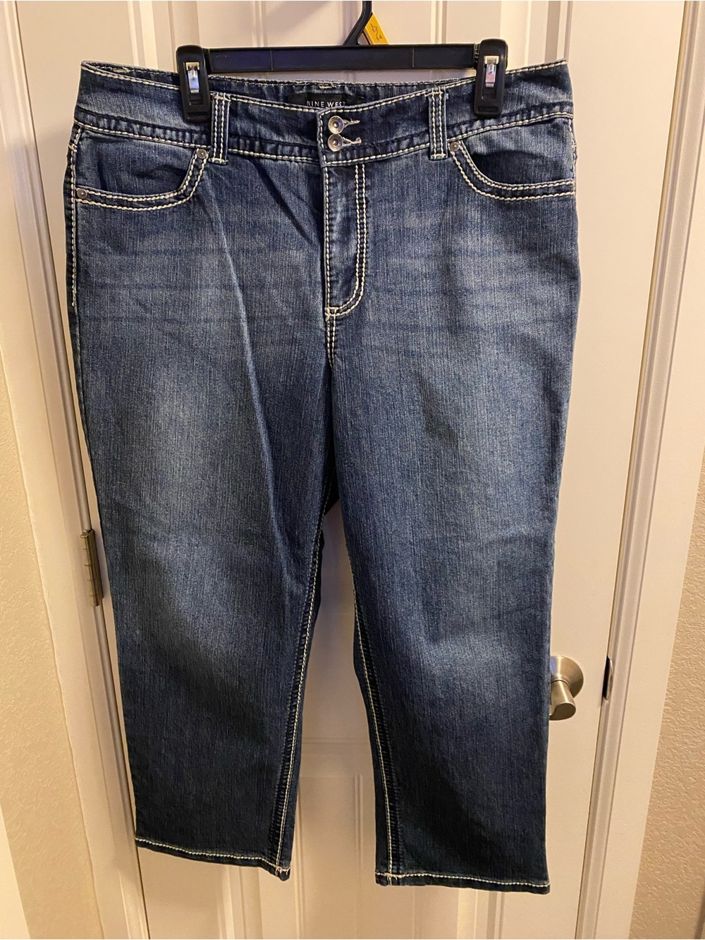 Nine West Jeans 14 Date Night Stretch Cropped Blue Denim Bling Pockets 32